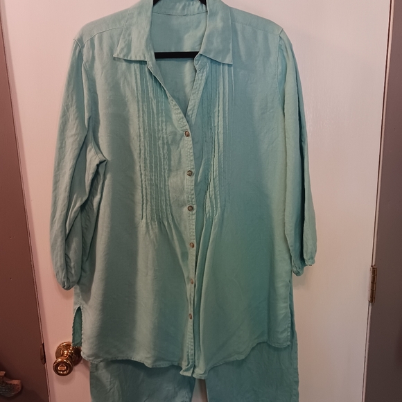Hot Cotton Linen Outfit Set Blouse Crop Pants Blue Lagenlook Size XL Artsy - Picture 13 of 14